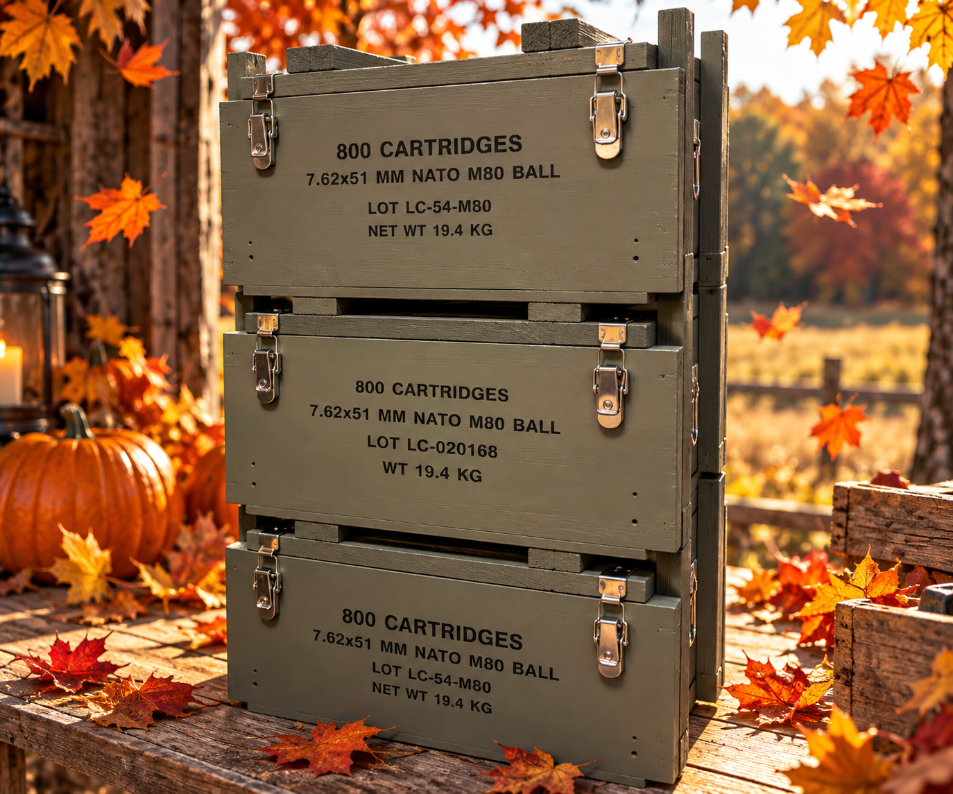 Autumn-themed display of three stacked Freedom Crate ammunition storage boxes with colorful leaves and warm golden light